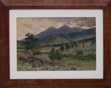 Charles Partridge Adams, "Scene in the Rockies", mixed media, circa 1890 