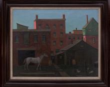 Francis Drexel Smith, "Untitled (Horse Stable in an Urban Landscape)", oil, circa 1930 painting fine art for sale purchase buy sell auction consign denver colorado art gallery museum