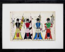 James Black ledger drawing "Initiation Day - Cheyenne Bowstring Society", mixed media, 2018 painting fine art for sale purchase buy sell auction consign denver colorado art gallery museum       