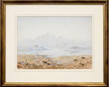 George Elbert Burr, A Mirage, Desert Landscape, Arizona, watercolor, painting, for sale, vintage, 1927, 1920s, desert, mountains, clouds, cactus, cacti, southwestern, blue, beige, brown, green, white, tan