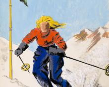 Arnold Ronnebeck, "Colorado Downhill (Skier in a Mountain Landscape)", mixed media, circa 1933, vintage illustration art for sale, colorado, denver artists guild