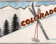 Arnold Ronnebeck, colorado skiing, vintage painting for sale, circa 1933, illustration art, snow, pine trees, ski art
