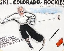 Arnold Ronnebeck, "Ski in Colorado's Rockies", circa 1933, art for sale, Vintage illustration art, Colorado tourism, On Wings of Hickory, Aspen, Winter Park, Steamboat Springs, Homewood Park, St. Mary's Glacier, July 4th