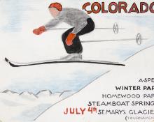 Arnold Ronnebeck, "Colorado Ski Jumper", vintage ski art for sale, circa 1930s, winter sports tourism, Aspen, Winter Park, Steamboat Springs, Homewood Park, St. Mary's Glacier.