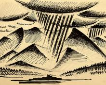 Arnold Ronnebeck, "Rain over Taos Pueblo #1", drawing, painting for sale, circa 1927, ink and graphite on paper, modernist, modernism, vintage new mexico art, landscape