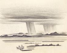 Arnold Ronnebeck, "New Mexico Rain #2", graphite, circa 1925, modernist, modernism, landscape, vintage art for sale, drawing, denver artists guild