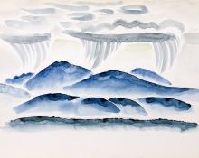 Arnold Ronnebeck, "Blue Mountains in Rain, New Mexico", watercolor, painting for sale,  circa 1927, vintage, original, signed, blue, white, green