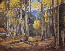  Joseph Willis, "At Twining Taos Mountains (New Mexico Aspens in Autumn)", oil, circa 1930-1950roy painting fine art for sale purchase buy sell auction consign denver colorado art gallery museum 