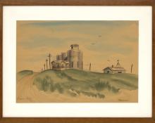James Russell Sherman "Limon, Colorado" grain silo farm vintage 1952 watercolor painting fine art for sale purchase buy sell auction consign denver colorado art gallery museum   