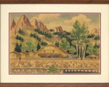 James Russell Sherman "Blue Creek Lodge" South Fork, Colorado vintage 1940s watercolor painting fine art for sale purchase buy sell auction consign denver colorado art gallery museum   