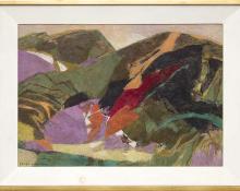 Ethel Magafan, "Hidden Meadow (Colorado Mountain Landscape)", semi-abstract landscape painting, tempera, 1979