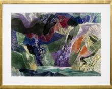 Ethel Magafan abstract painting for sale, On Coming Storm, Colorado Mountain Landscape, watercolor, mid-century modern, semi-abstract, woman artist, broadmoor academy, woodstock,  blue, green, red purple, yellow, black, white, turquoise