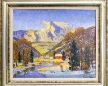 Harold Skene vintage painting for sale, Colorado Winter (Mountain Landscape with river and Snow)", oil, 1968 cabin art