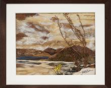 Pansy Stockton, Sun painting assemblage "Sunset on Storrie Lake (New Mexico Landscape)", landscape, circa 1930, cornelia