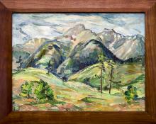 Zola Zaugg, Mountain Landscape, Colorado Springs, oil painting, vintage 1953, broadmoor academy, woman artist, women, bunnell student, colorado springs fine arts center, green, blue, white, yellow, red, spring, summer, snow, peaks