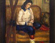 vintage painting, for sale, "Adylin with Skis, Sitting Pose", oil, 1939. wpa era, regionalist, woman, female, ski, skiing, sports, winter, sofa, fire, interior, brown, blue, white, yellow, red