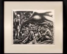 Hayes Lyon, modernist, art for sale, vintage print, Resting Near the Farm, lithograph, circa 1951, bather, dog, woman, reclining, man, picnic, mountain landscape, black, white, pond