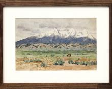 Charles Partridge Adams, "Untitled (Blanca Peak, Sangre de Cristo Range, from the San Luis Valley, Colorado)", watercolor, circa 1915, vintage painting for sale, landscape, colorado art