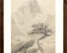 Charles Partridge Adams, "Untitled (Mountain Peak and Twisted Pine)", graphite, circa 1910, vintage art for sale, landscape, colorado