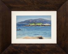 Charles Partridge Adams, "Untitled (California Coast)", watercolor, circa 1925, marine, painting for sale, vintage, landscape, blue, beige, green