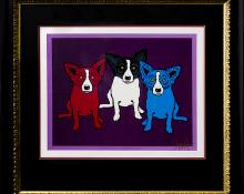 George Rodrigue, "Split Personality", serigraph/silkscreen, 1991, blue dog series, red dog, purple, black, white, original, signed, art for sale
