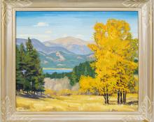 Alfred Wands, landscape painting for sale, Colorado Mountains with Lake in Autumn, pine, aspen, oil paint, denver artists guild