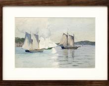 Charles Partridge Adams, "Untitled (Sailboats)", watercolor, circa 1920, vintage painting for sale, california art, plein air, marine, coastal, landscape, pale blue, green, white, gray