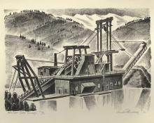 Arnold Ronnebeck, Colorado Gold Dredge, Mountain Landscape, lithograph, 1932, vintage, art for sale, wpa era, black, white