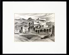 Arnold Ronnebeck, "Casa Luhan (Home of Mabel Dodge Luhan, Taos, New Mexico)", graphite drawing, 1925, vintage New Mexico art for sale, modernist, modernism, black and white