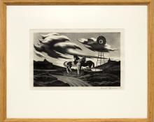 James Russell Sherman, "Untitled (Modernist Farm Landscape with Windmill & Horses Watering)", lithograph, 1937, wpa era art for sale, american scene, regionalism, black and white