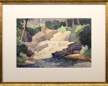 Maude Leach, Landscape with Trees and Creek, vintage, painting, watercolor, 1920s, 1930s, colorado, california, river, boulders, green, blue, brown, purple
