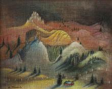 Archie Musick, "Hill Rhythms", tempera painting on board