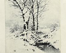 George Elbert Burr, December , Snowy Landscape with Creek and Trees, etching, circa 1910-1930, engraving, fine art, for sale, denver, gallery, colorado, antique, buy, purchase