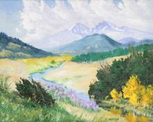 Lyman Byxbe, "Longs Peak and Mount Meeker from Estes Park, Colorado, landscape, painting, oil, rocky mountain national park, mid 20th century, 1940, 1950, art, for sale, purchase, buy, denver, gallery