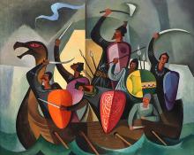 William Sanderson, Vikings at Sea, oil painting, modern, colorado artist, boat, shield, cubist art for sale denver gallery