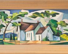 William Sanderson, "Homestead", oil, painting, landscape, Modernist, house, trees, clouds, trees, mountains, white, green, blue, Colorado 15, Fifteen Colorado Artists, Fine art, art, for sale, buy, purchase, Denver, Colorado, gallery, historic, antique, vintage, artwork, midcentury, modern	 