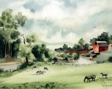Adolf Arthur Dehn, "Untitled (Farm by a River)", watercolor on paper, 1938