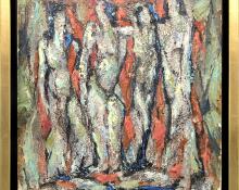 Charles Bunnell, semi Abstract painting for sale, Four Nudes, oil, 1956, mid century modern art
