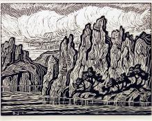 Sven Birger Sandzen, "Dream Canyon", linoleum cut, 1928
