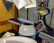 Virginia True, "Untitled (Still Life of Wash Basin and Oil Lamp)", oil, c. 1940