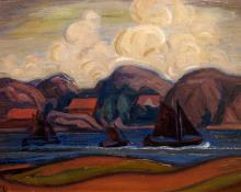 Carl Eric Olaf Lindin, "Untitled (Sailboats in Norway)", oil, c. 1926-7