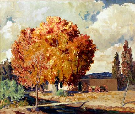Fremont Ellis, "Old House Near San Juan (El Rancho de San Sebastian) Santa Fe, New Mexico", oil, c. 1920