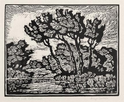 sandzén, Sven Birger Sandzen, "Brook with Cottonwoods", linoleum cut, c. 1934