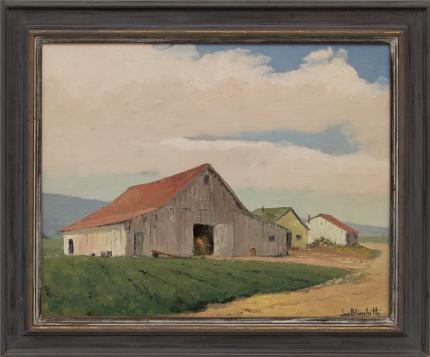Jon Blanchette, "Untitled (White Barn, Southern California)", oil, circa 1955, painting, for sale purchase consign auction denver Colorado art gallery museum