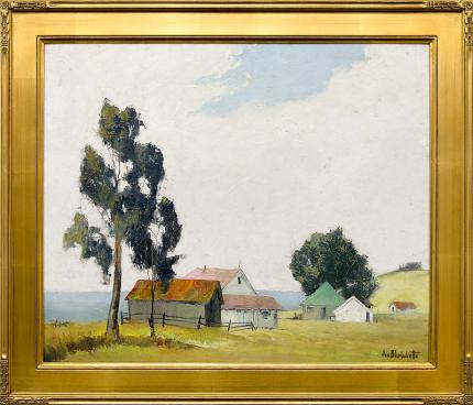 Jon Blanchette landscape California Farm House, oil, circa 1955 painting fine art for sale framed california landscape painting spring landscape with greens and blues