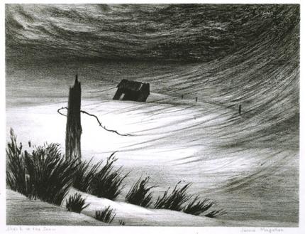 Jenne Magafan, "Shack in the Snow", lithograph, c. 1942