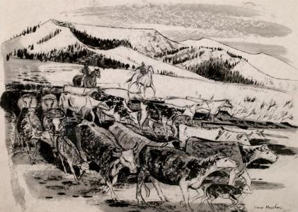 Jenne Magafan, "Cattle Roundup", ink on paper, c. 1941