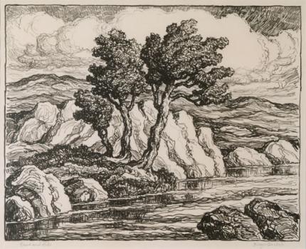 sandzén, Sven Birger Sandzen, "Creek and Hills", lithograph, 1946