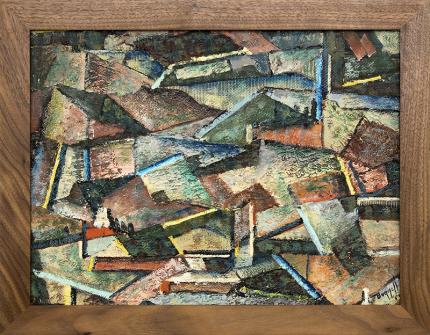 Charles Bunnell, oil painting for sale, Abstract Mountain Mining Town, oil painting, 1954, mid-century modern, broadmoor art academy, colorado springs