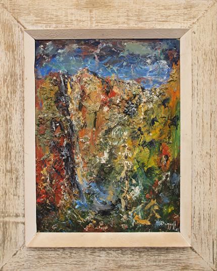Charles Ragland Bunnell, "Landscape Abstracted", vintage oil painting for sale, 1965, charlie, mid-century modern, red, blue, yellow, green